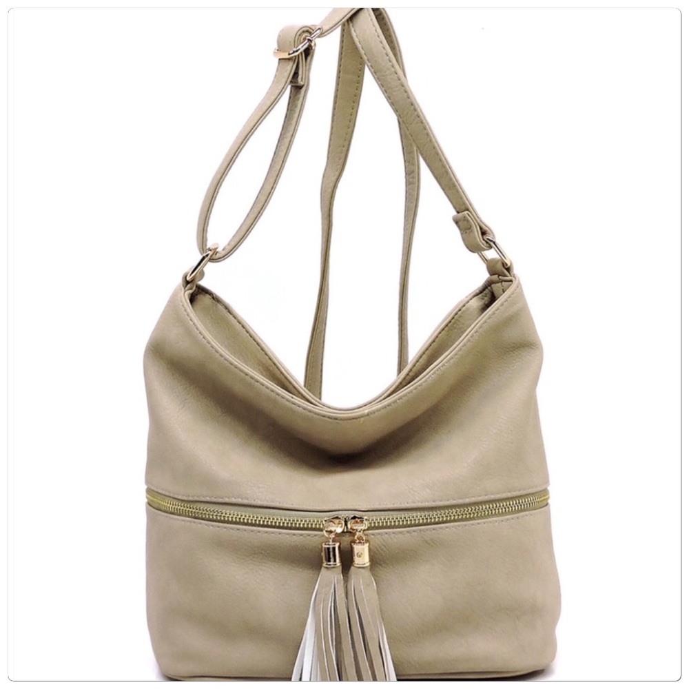 Tassel Crossbody Bucket Satchel Taupe